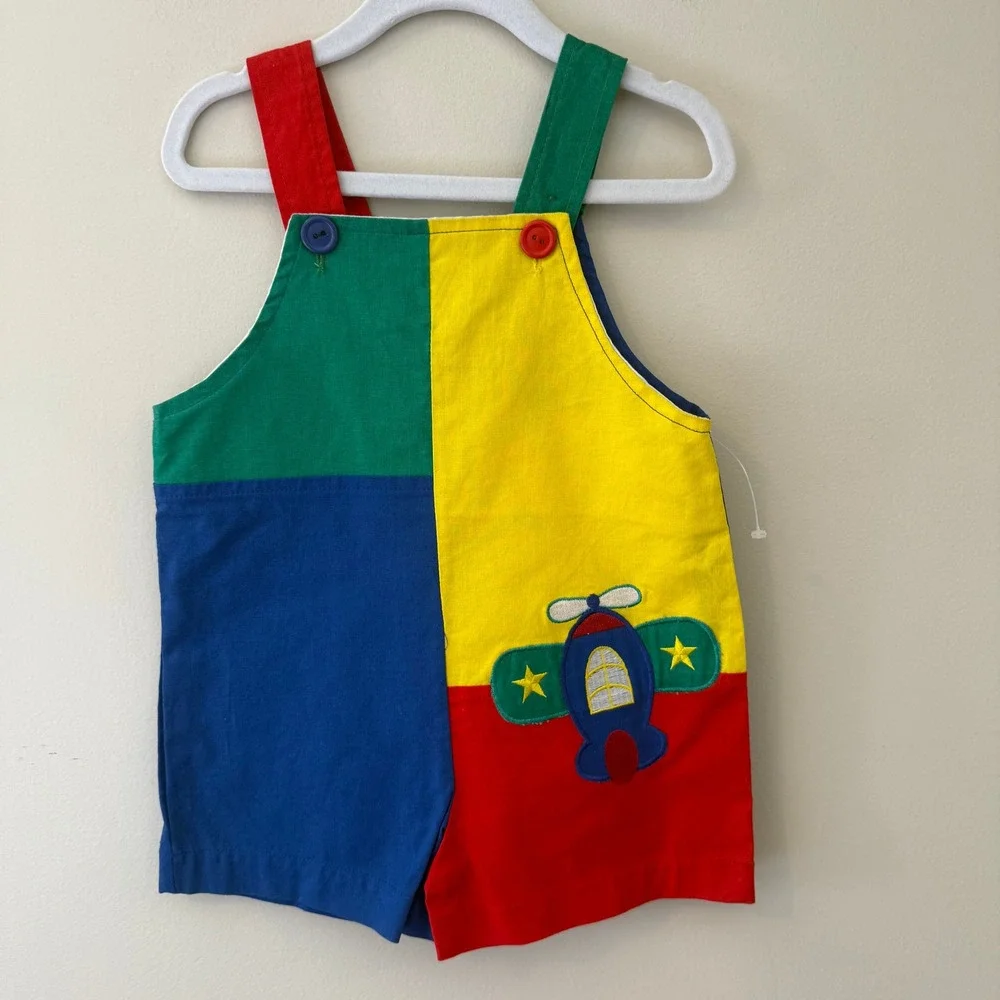 Vintage Colorblock Airplane Overalls Toddler Size 3 Primary Colors Cotton Romper